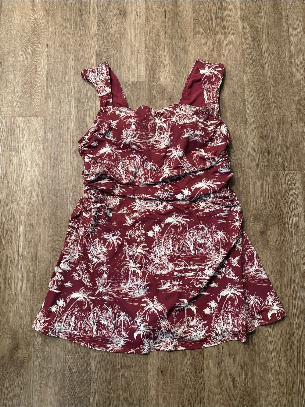 Lands' End Slender Suit Swim Dress 18W Burgundy Tropical Palm Control One Piece